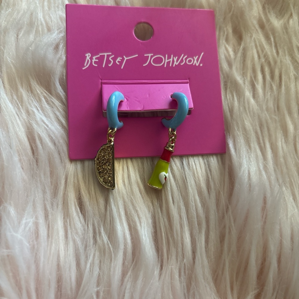 Betsey Johnson Turquoise Hoop Earrings with Lime Wedge and Jeweled Slice Charms